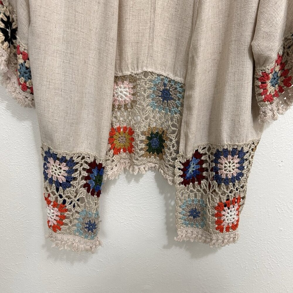 Umgee Crochet Patchwork Kimono Cardigan Oatmeal Open Front Granny core Size L - Picture 5 of 11